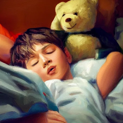 Image similar to oil painting of a boy lying on his bed holding a teddy bear at night, artstation, Detail, HD