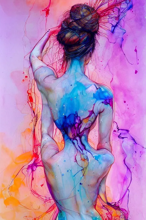 Image similar to sophia vergara by agnes cecile enki bilal moebius, intricated details, 3 / 4 back view, hair styled in a bun, bendover posture, full body portrait, extremely luminous bright design, pastel colours, drips, autumn lights