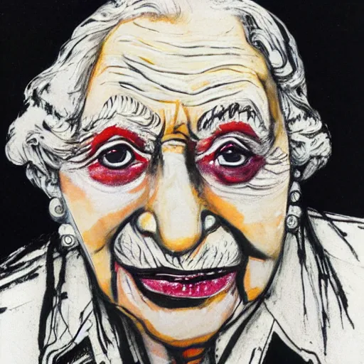 Image similar to close - up of queen elizabeth face painted as an old beggar by ralph steadman