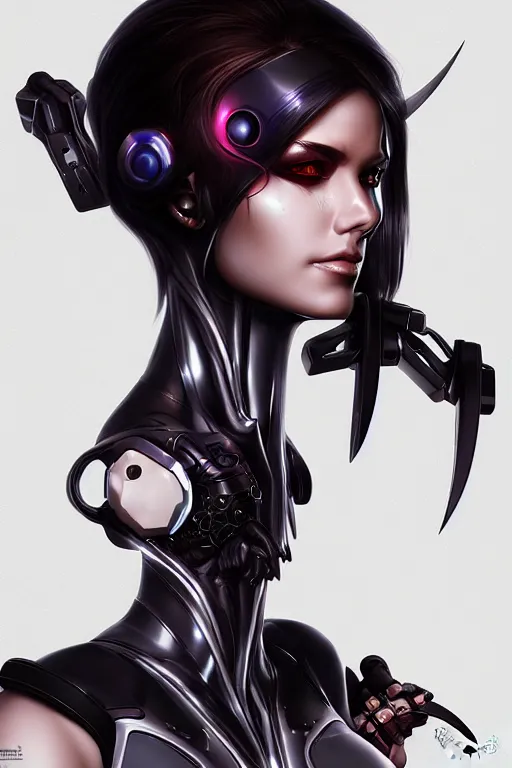 Image similar to portrait of a cyberpunk woman with biomechanichal parts by Artgerm, hyper detailled, trending on artstation