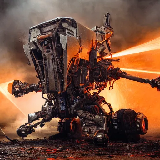 Image similar to wheelbarrow mecha, dark messy smoke - filled cluttered workshop, dark, dramatic lighting, orange tint, sparks, cinematic, highly detailed, sci - fi, futuristic, movie still