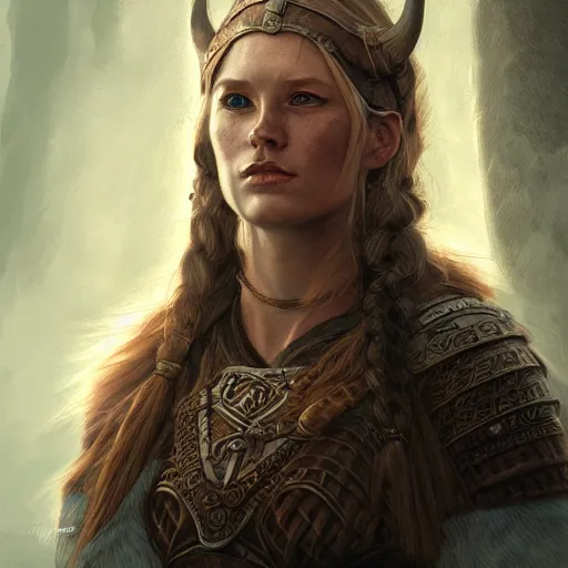 Prompt: portrait of a viking, woman, epic fantasy, detailed, intricate, digital painting, concept art, realistic, smooth, focus, rim light