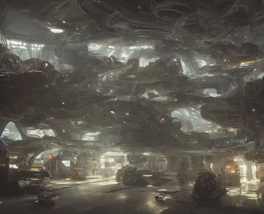 Prompt: the inside of a futuristic mechanic spaceshop, spaceship being repaired, highly detailed interior, holographic screen in center frame by peter mohrbacher and craig mullins, dieselpunk, cyberpunk, firefly, star citizen, cryengine render, hyper realism, realistic shading, cinematic composition, realistic render, octane render, detailed textures, photorealistic