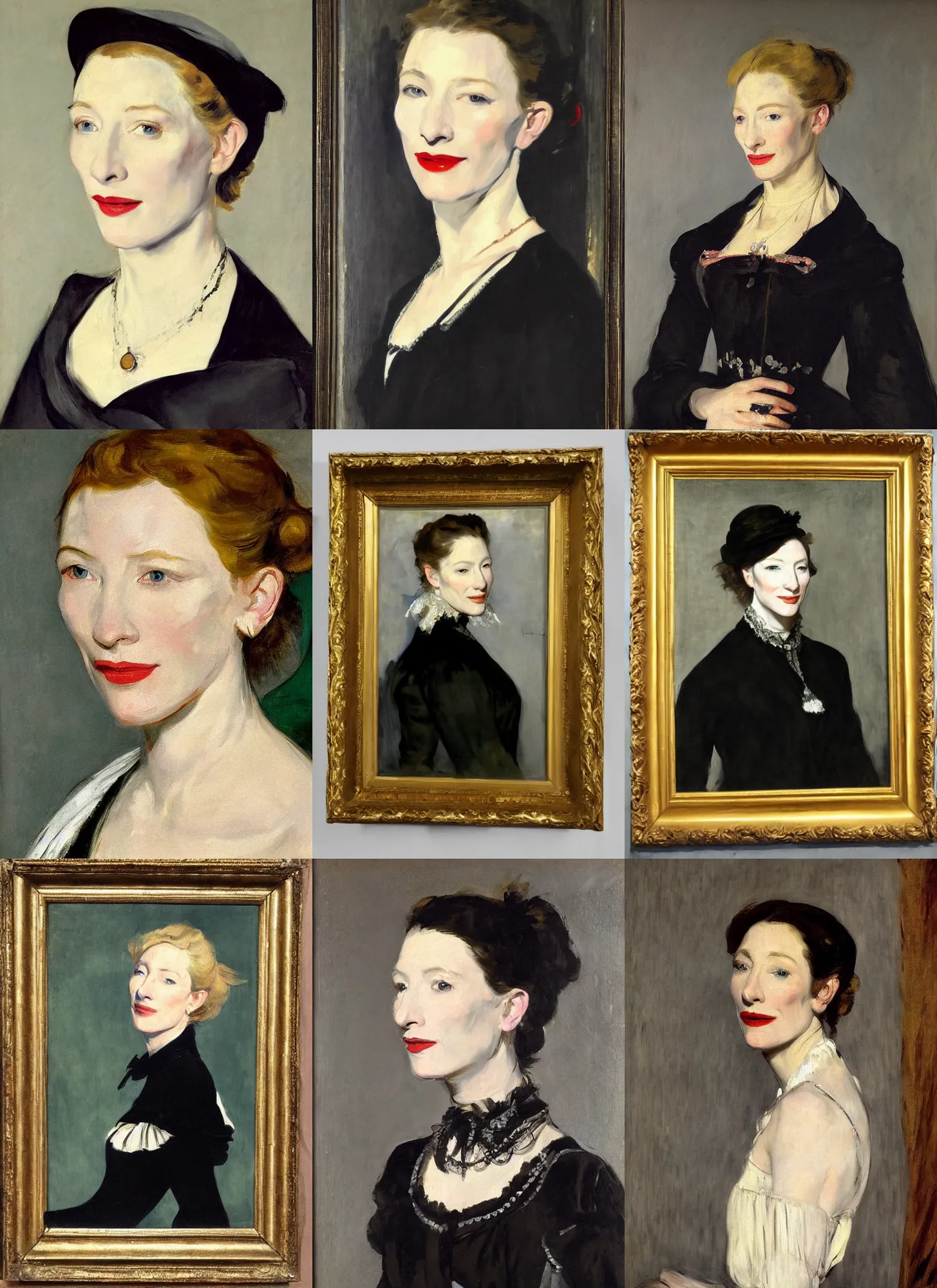 Prompt: An antique oil painting of cate blanchett by Manet, super detailed, photorealism, hd