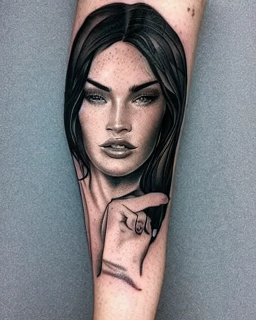 Image similar to creative double exposure effect tattoo design sketch of megan fox faded in beautiful mountain scenery, realism tattoo, in the style of matteo pasqualin, amazing detail, sharp