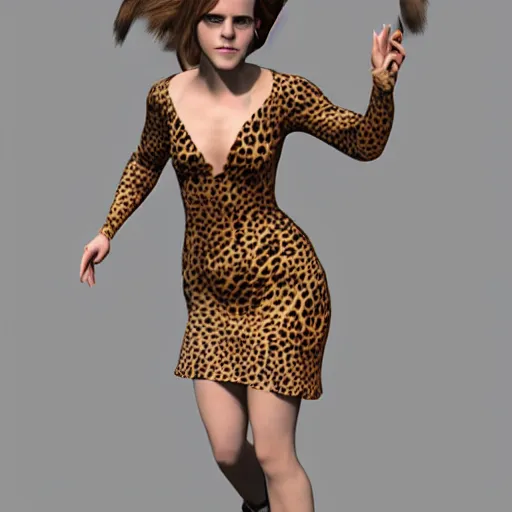 Image similar to emma watson as hermione granger transforming into a curvaceous cheetah woman, 3 d render