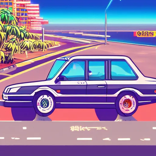 Prompt: salary man driving his toyota car next to the ocean, vaporwave nostalgia, commodore 6 4, visual novel cg, 8 0 s anime vibe, kimagure orange road, maison ikkoku, trending on artstation