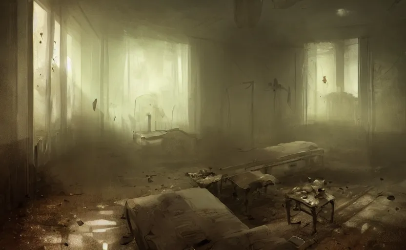 Image similar to Abandoned hospital room, horror sccene,, intricate, elegant, volumetric lighting, digital painting, highly detailed, artstation, sharp focus, illustration, concept art, ruan jia, steve mccurry