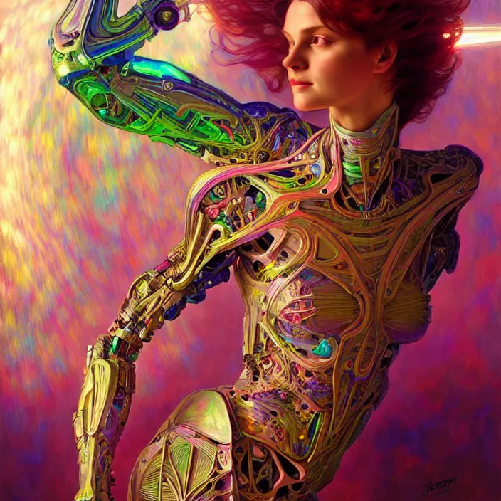 Image similar to bright psychedelic organic cyborg, 4th dimensional, diffuse lighting, fantasy, intricate, elegant, highly detailed, lifelike, photorealistic, digital painting, artstation, illustration, concept art, smooth, sharp focus, art by John Collier and Albert Aublet and Krenz Cushart and Artem Demura and Alphonse Mucha