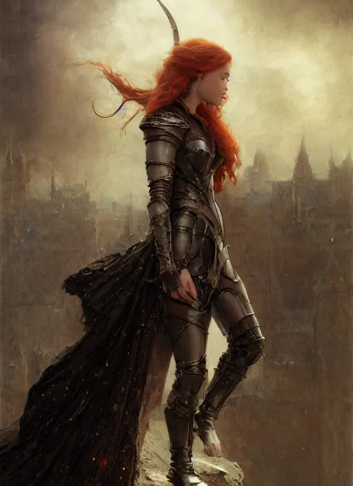 Prompt: mischievous redhead emilia clarke wearing full body dark black medieval armour, detailed, by gaston bussiere, bayard wu, greg rutkowski, giger, maxim verehin, greg rutkowski, masterpiece, sharp focus, cinematic lightning