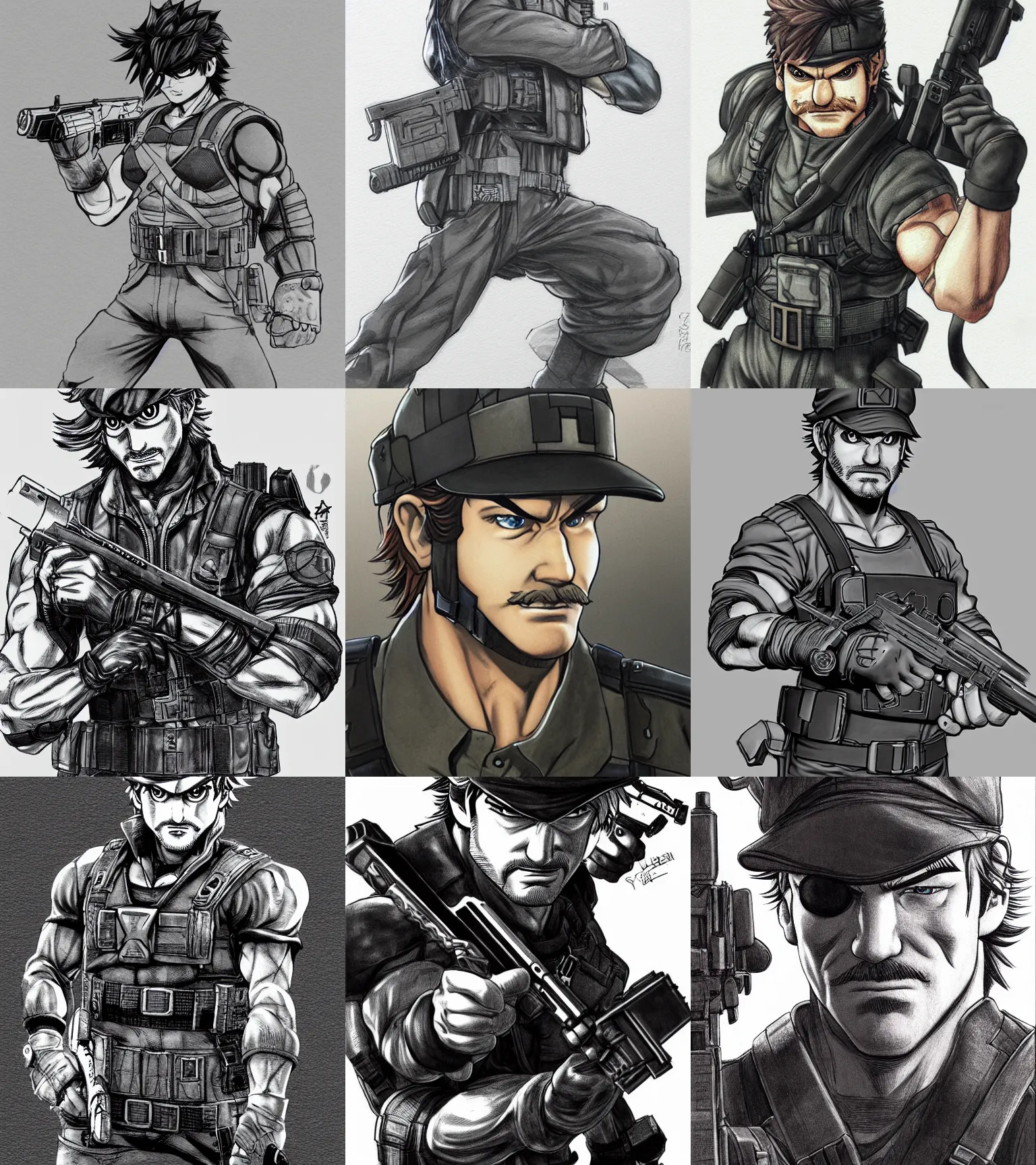 Prompt: portrait mario solid snake by yusuke murata and masakazu katsura, holding a gun with his hand, mario hat, artstation, highly - detailed, cgsociety, pencile and ink, city in the background, dark colors, intricate details