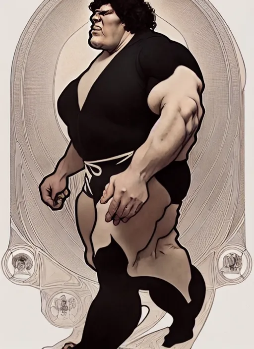 Prompt: digital concept art by artgerm and alphonse mucha. andre the giant!! full body!! contour light effect!! 8 k, black tape project show. stage light. octane render. sharp edge. ultra clear detailed