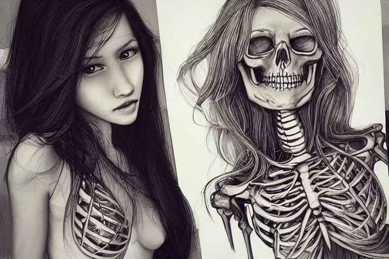 Image similar to “ a extremely detailed stunning girl and skeleton drawings by allen william on artstation ”