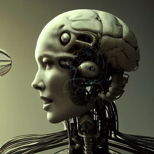 Prompt: octane render of artificial intelligence becomes a conscious sentient brain connected to a machine by h.r. giger and seb mckinnon