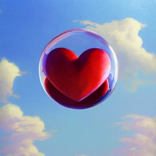 Prompt: two red paper hearts inside a clear glass spherical bubble. blue sky with clouds background. beautiful, highly detailed, elegant, artstation, concept art, smooth and sharp focus, painting by james gurney, greg rutkowski, giger, maxim verehin and alphonso mucha.