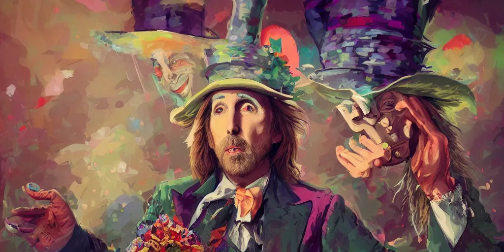 Image similar to tom petty as the mad hatter portrait, colorful, contrast, kim jung gi, greg rutkowski, zabrocki, karlkka, jayison devadas, trending on artstation, 8 k, ultra wide angle, zenith view, pincushion lens effect