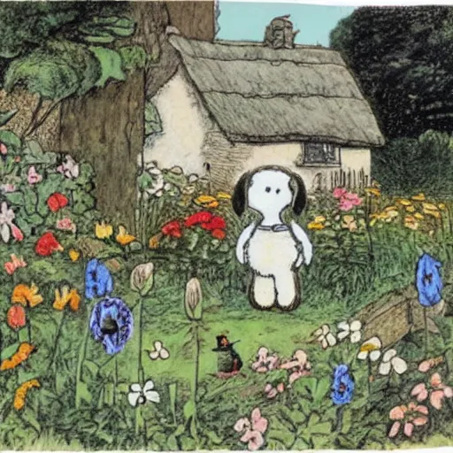 Prompt: Beatrix Potter illustration of Snoopy in a cottage garden