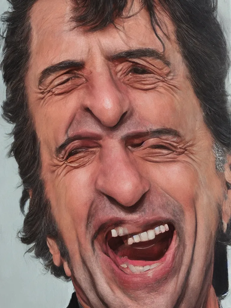 Prompt: portrait of al Pacino laughing by Ben aronso, oil on canvas