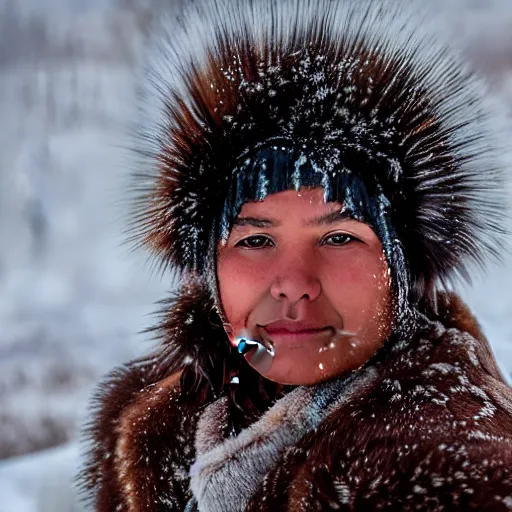 Prompt: a young cheyenne tribal woman wearing bison fur coat in a wyoming snot storm, close up, portrait