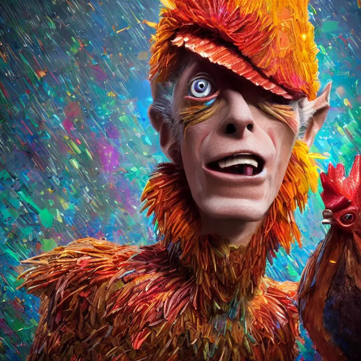 Image similar to portrait of David Bowie as a chicken in Chicken Run. intricate abstract. intricate artwork. by Tooth Wu, wlop, beeple, dan mumford. octane render, trending on artstation, greg rutkowski very coherent symmetrical artwork. cinematic, hyper realism, high detail, octane render, 8k, iridescent accents