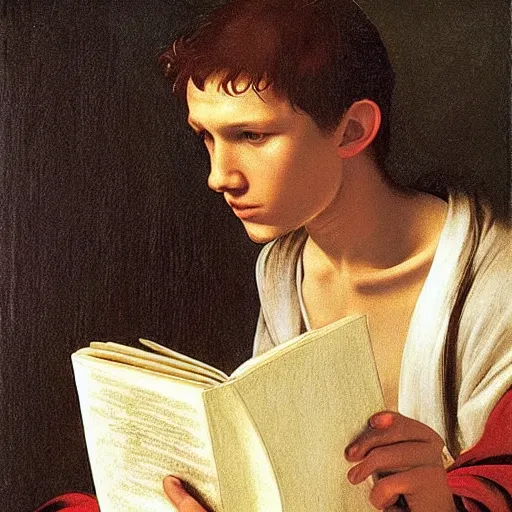 Prompt: Tom Holland reading a book. Painted by Caravaggio, high detail