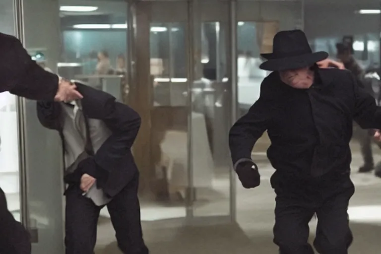 Image similar to dramatic cinematic bank robbers running out of bank wearing trump masks by Roger Deakins