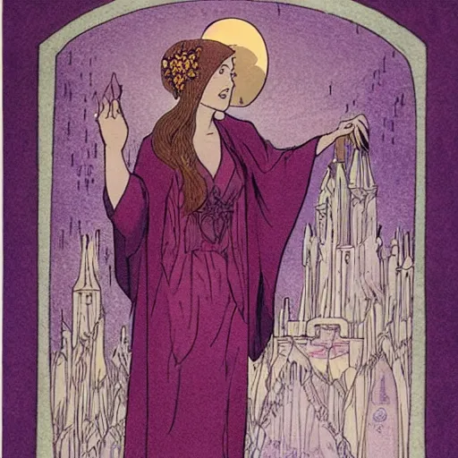 Image similar to a cloaked mage casting a magic spell from her hand toward an ice castle, art nouveau