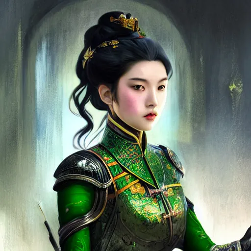 Image similar to portrait black hair young knights of Dynasty Warriors girl, metallic green armor, in ruin fire chinese palace sunrise, ssci-fi and fantasy, intricate and very beautiful and elegant, highly detailed, digital painting, soft light, artstation, concept art, smooth and sharp focus, illustration, art by tian zi and WLOP and alphonse mucha