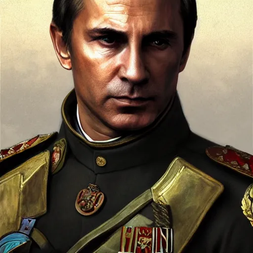 Image similar to Vladimir Putin as General Sebastiano Di Ravello from Just Cause 2 game, portrait, highly detailed, digital painting, artstation, concept art, smooth, sharp focus, illustration, cinematic lighting, art by artgerm and greg rutkowski and alphonse mucha