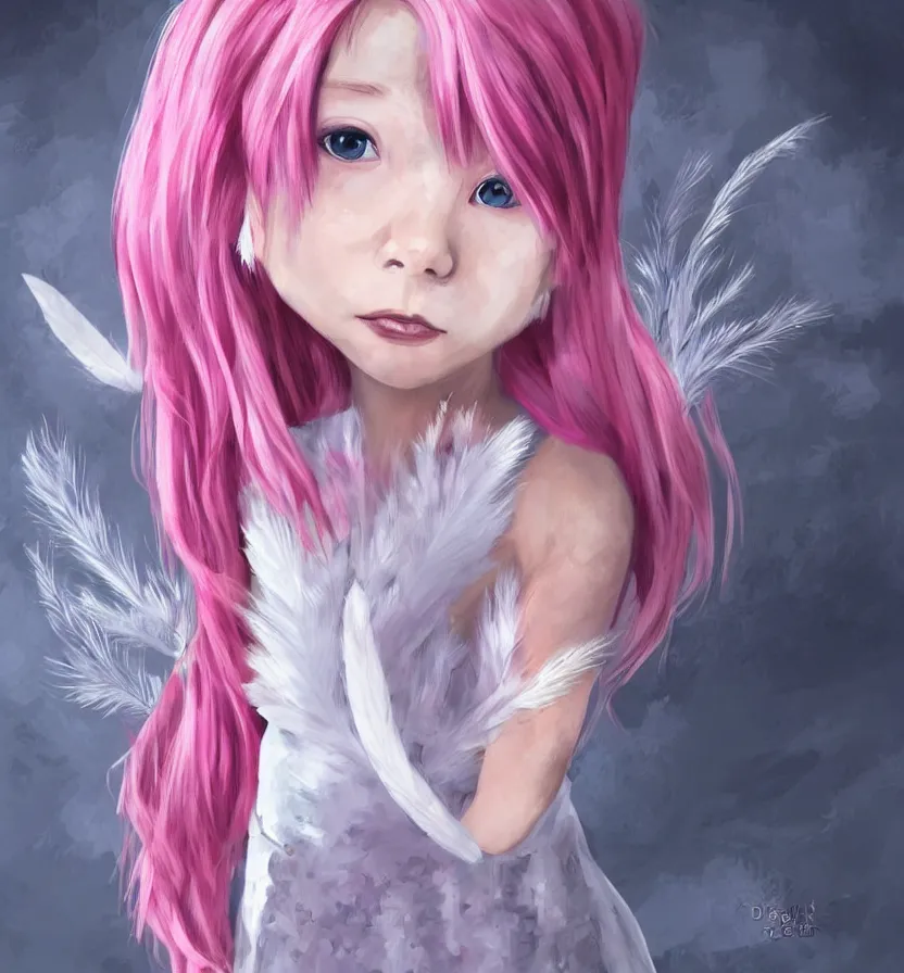 Prompt: little girl with eccentric pink hair wearing a dress made of white feather, art by dcwj