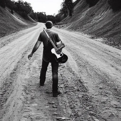 Prompt: man holding a guitar by its neck walking down a dirt road with his back to the camera. low camera angle, greyscale, album cover