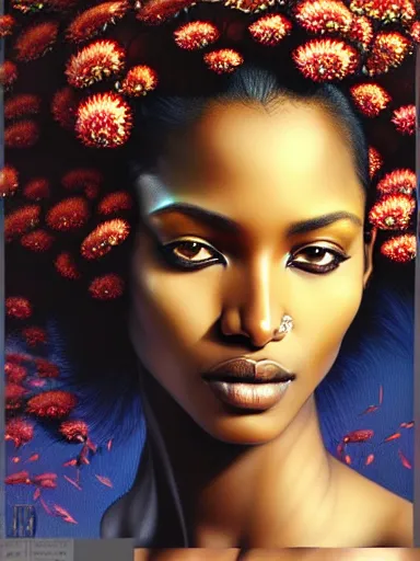 Image similar to a portrait of ethiopian supermodel with a floral background by karol bak, artgerm, moebius, yoji shinkawa : : portrait, illustration, photorealism, hyperrealism