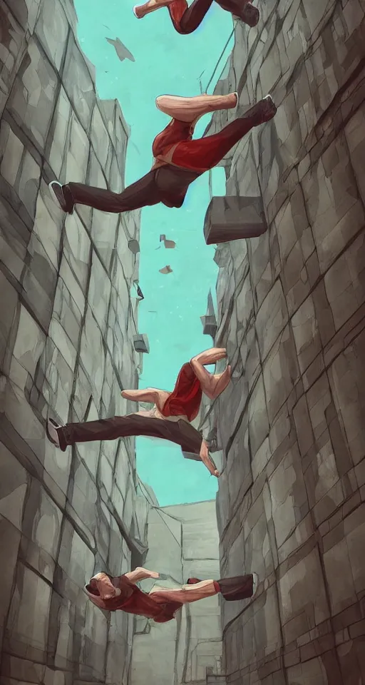 Prompt: A beautiful artwork illustration, a parkour course across dimensions, featured on artstation, wide angle, vertical orientation