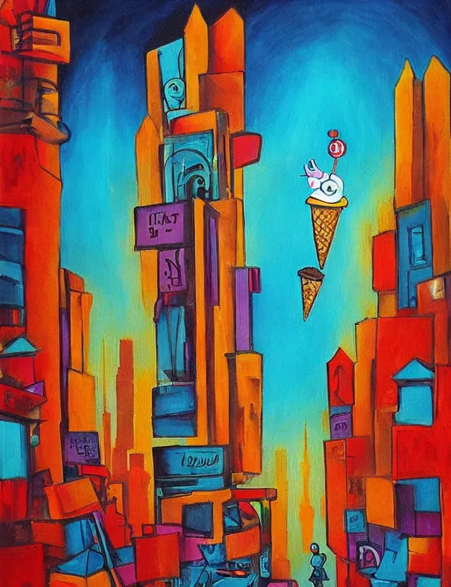 Image similar to ice cream spirit lost in a metropolis. this art noveau painting by the award - winning artist has dramatic lighting, an interesting color scheme.