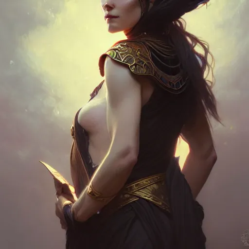 Prompt: Portrait of female sorceress, dark fantasy, medium shot, intricate, elegant, highly detailed, digital painting, artstation, concept art, smooth, sharp focus, illustration, art by artgerm and greg rutkowski and alphonse mucha