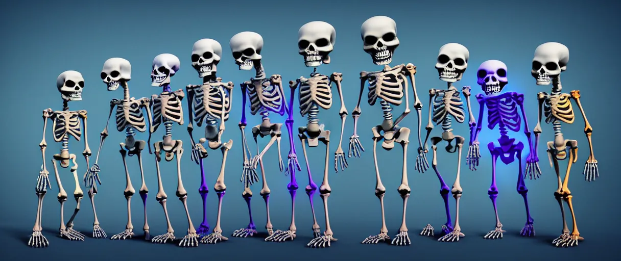 Image similar to hyperrealistic very cute multicolored skeletons mixing bones jason limon concept art dramatic blue lighting wide angle hd 8k sharp shallow depth of field