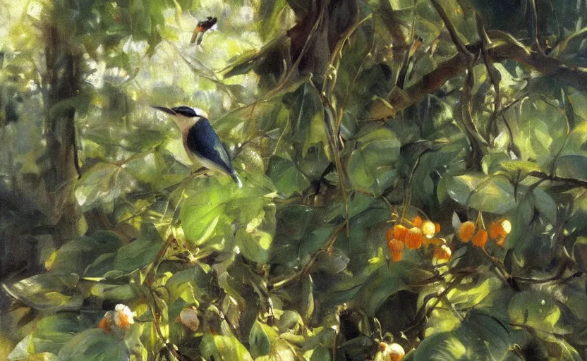 Image similar to oil painting lanscape by anders zorn, closeup nuthatch in jungle nature, fruit trees, very very very very beautiful art, dramatic light, strong shadows