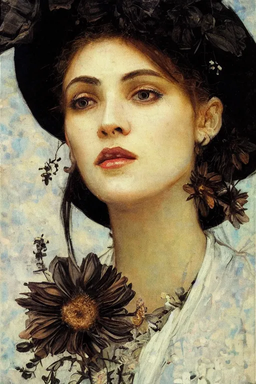 Image similar to close - up fashion black woman portrait airy flowers cloudy sky art by vasnetsov