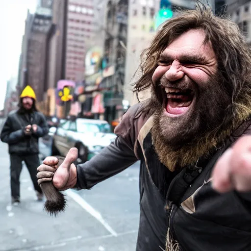 Prompt: Caveman laughing while hunting mammoth in the streets of New York