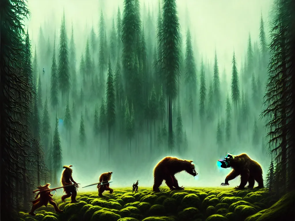 Image similar to highly detailed concept art of colossal bear fighting goblins in a middle - earth forest, an ultrafine detailed painting, trending on deviantart, neo surrealism, sharp focus, octane, masterpiece, art by anato finnstark