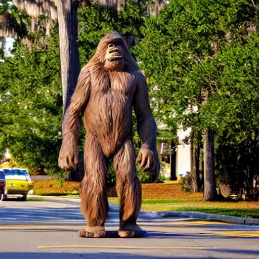 Image similar to bigfoot walking down the street in downtown Pensacola Florida