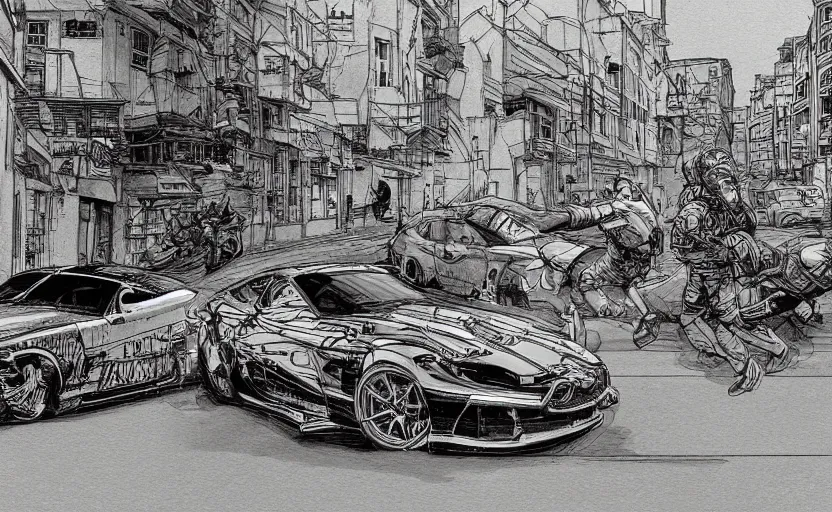 Image similar to action shots of two cars in a high speed car chase through a narrow streets with buildings either side of the road illustrated by jung gi kim, katsuya terada, jean - david morvan. extremely detailed illustration, action shots, striking perspective