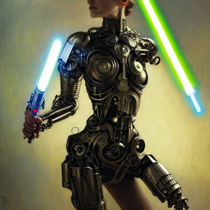 Prompt: organic cyborg, lightsaber held in left hand, diffuse lighting, fantasy, intricate, elegant, highly detailed, lifelike, photorealistic, digital painting, artstation, illustration, concept art, smooth, sharp focus, art by John Collier and Albert Aublet and Krenz Cushart and Artem Demura and Alphonse Mucha