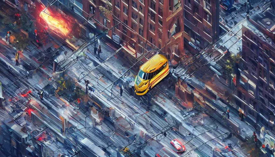 Image similar to Spectacular scene of an aerial streetcar crashing in New York, hyperdetailed, artstation, cgsociety, 8k