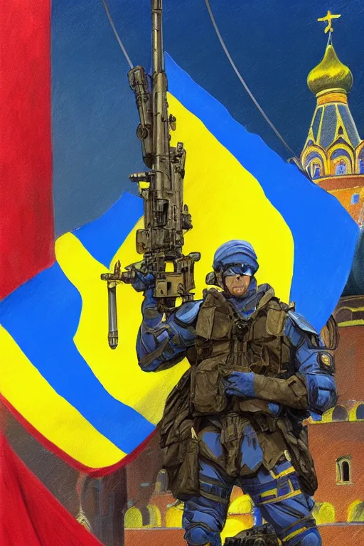 Image similar to special forces soldier installin ukrainian blue and yellow flag on red square kremlin, masculine figure, d & d, fantasy, bright atmosphere, volumetric lights, intricate, elegant, extremely detailed, digital painting, artstation, concept art, matte, smooth, sharp focus, hyper realistic, illustration, art by artgerm and greg rutkowski and alphonse mucha