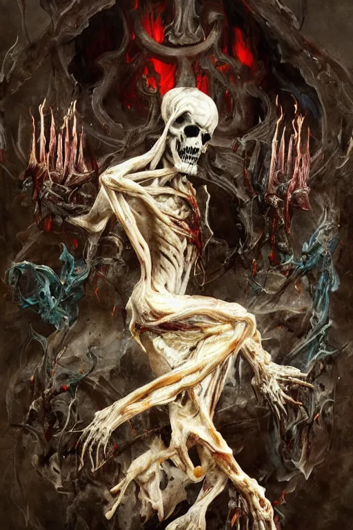 Prompt: breathtaking soft painting of a grim reaper made of meat, outside of a flesh cathedral in flames with cyan stained glass, by guillermo lorca and peter mohrbacher, white milk splash in bleeding meat and flesh, dynamic movement, gothic bones and meat, rembrandt style, elegant, highly detailed, artstation, concept art, fantasy art, sharp focus,