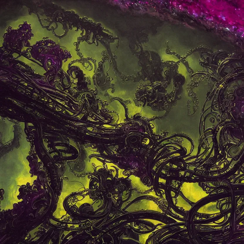 Prompt: a baroque neoclassical science fiction painting close - up of detailed black retrofuturistic lovecraftian engine technology. reflective iridescence. deep green and purple atmosphere. renaissance painting. highly detailed science fiction painting by norman rockwell, frank frazetta, and syd mead. rich colors, high contrast, gloomy atmosphere, dark background. trending on artstation