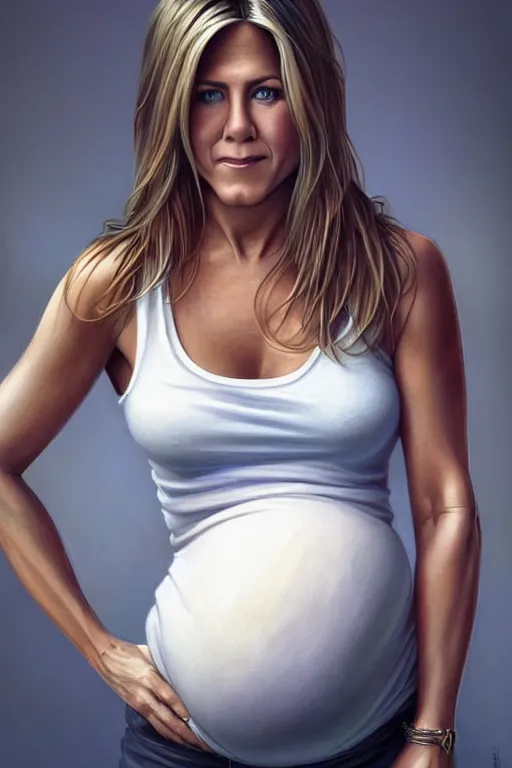 Image similar to pregnant jennifer aniston in a white tank top, realistic portrait, symmetrical, highly detailed, digital painting, artstation, concept art, smooth, sharp focus, illustration, cinematic lighting, art by artgerm and greg rutkowski and alphonse mucha