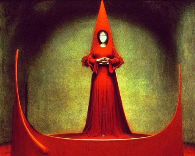 Prompt: devotion to the scarlet woman, priestess in a conical hat, coronation, ritual, sacrament, by francis bacon, beksinski, ( bosch ), mystical redscale photography, opulence, luxury, maximalism.