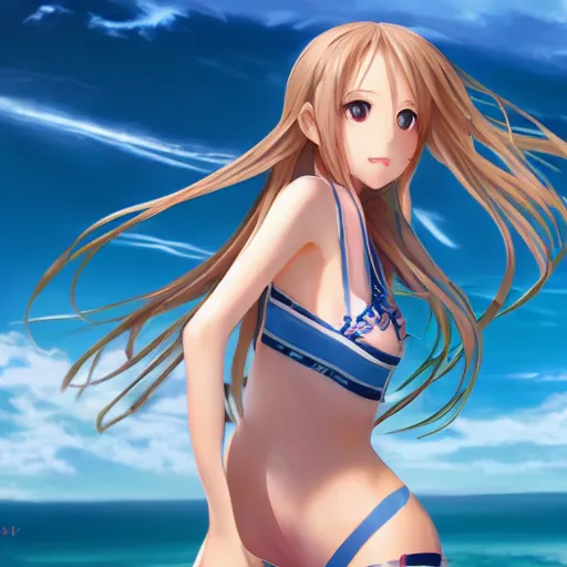 Image similar to a very beautiful mature yuuki asuna, full body, long wavy blond hair, sky blue eyes, full round face, bikini, miniskirt, front view, cute pose, highly detailed, cinematic wallpaper by stanley artgerm lau